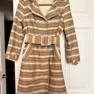 Vintage Striped Long Sleeve Belted Coat in Cream, Mustard & Olive